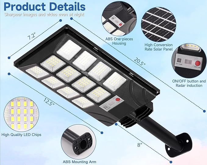 Solar Lights Outdoor for Outside, IP66 Waterproof Solar Street Lights Outdoor with Motion Sensor & Dusk to Dawn, 6500K Security Flood Light for Yard Garden with Remote Control - 2PACK