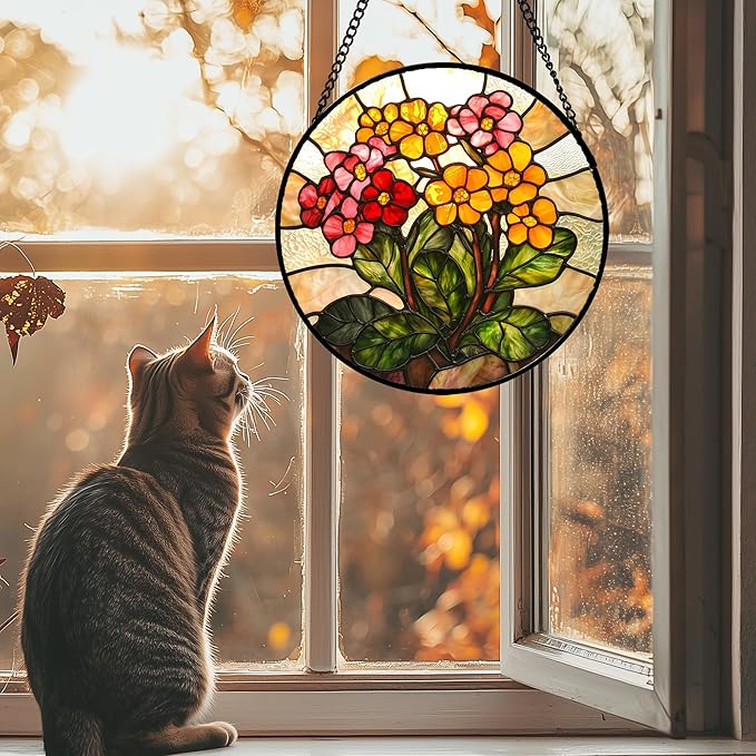 Stained Glass Window Hanging, Yellow Red Flowers Sun Catcher for Window Door Home Decor Green Plant Suncatcher Christmas Mother's Day Birthday Gifts for Women Men Mom and Nana 15 in