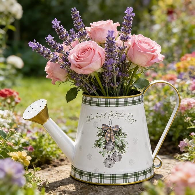 Vintage Metal Christmas Watering Can Decor - Wonderful Winter Days Design with Bell Wreath, Rustic Farmhouse Watering Pot Garden Decorative Planter for Holiday Home Mantel Tabletop Xmas Decor