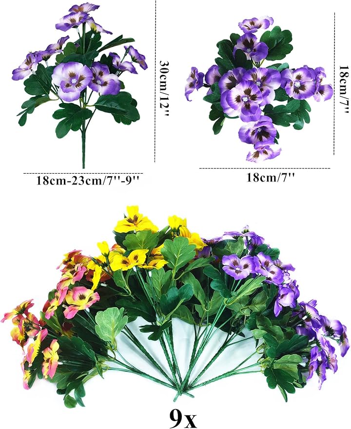 Fake Flowers Pansy African violets Small Wild Flower Daisy 9 Bundles Faux Plastic Purple Flowers for Home Wedding Kitchen Garden Table Centerpieces Indoor Outdoor Decor (9Pcs Yellow pink purple)