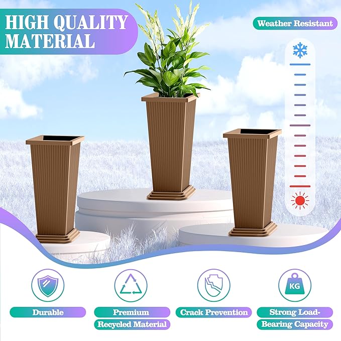 24 Inch Tall Tapered Square Planters (Set of 2) - Indoor Outdoor Large Flower Pots with Built-in Drainage & Matching Water Tray for Patio, Garden, Home - Brown