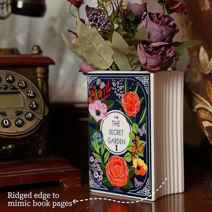 Ceramic Book Vase for Flowers, Home Decor, Cute Bookshelf Accent, Lovers Gifts, Unique Home/Bedroom/Office Decor (Small - Secret Garden)