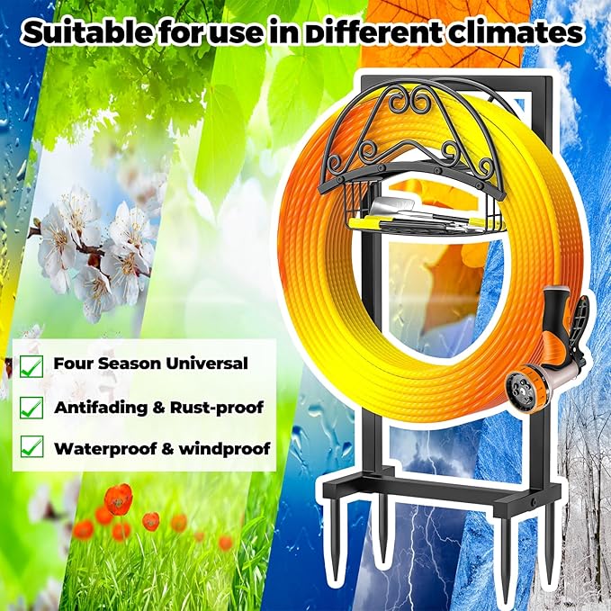 Garden Hose Holder, 4 Spikes Freestanding Water Hose Holder Reels, Heavy Duty Detachable Hose Stand with Storage Basket for Outside Yard Lawn (B-4 Spikes)