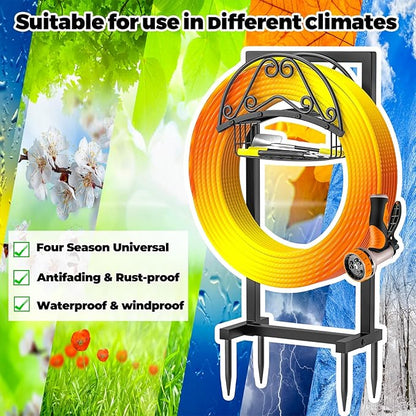 Garden Hose Holder, 4 Spikes Freestanding Water Hose Holder Reels, Heavy Duty Detachable Hose Stand with Storage Basket for Outside Yard Lawn (B-4 Spikes)