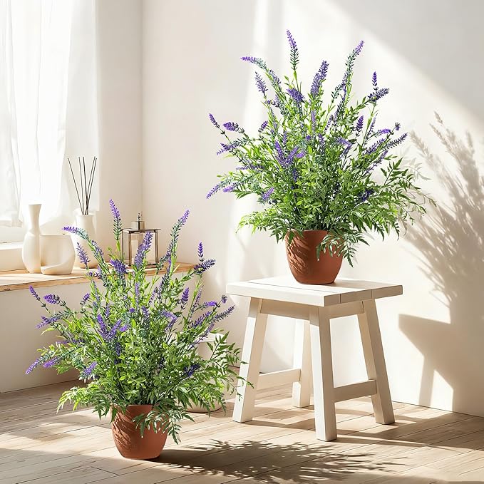 2 Pack Artificial Lavender Plants in Pots Artificial Potted Plants Fake Flower Plant Real Touch Silk Faux Plants Greenery for Indoor Porch Patio Greenery Farmhouse Garden Office Decor (Type 4)