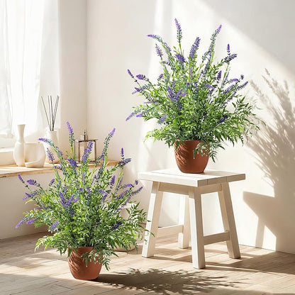 2 Pack Artificial Lavender Plants in Pots Artificial Potted Plants Fake Flower Plant Real Touch Silk Faux Plants Greenery for Indoor Porch Patio Greenery Farmhouse Garden Office Decor (Type 4)