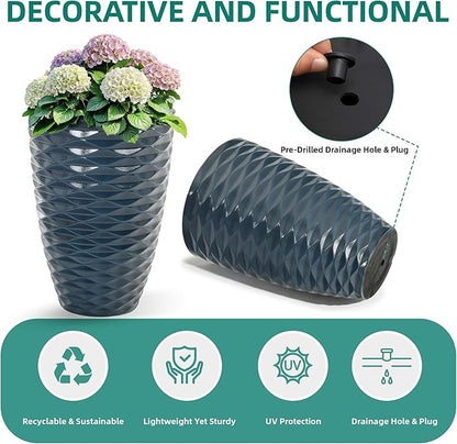 19" Ceramic-Look Tall Planters Set of 2, Outdoor/Indoor Large Flower Pots, Weather-Resistant Heavy-Duty Resin Pot Planters for Front Door, Garden, Patio, Porch, Entryway or Living Room Decor