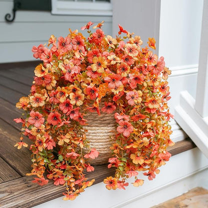 HyeFlora Artificial Flowers for Outdoors Fall Decoration, 2Pcs Fall Orange Yellow Hanging Flowers with Autumn Eucalyptus Leaves Faux Silk Flower Decor for Home Porch Patio Balcony Planter Yard