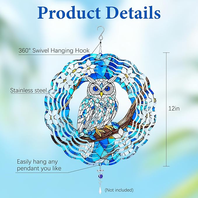 Owl Wind Spinners Outdoor, Owl Gifts for Women Men Wife Mom Husband Dad Grandpa, Hanging Wind Sculptures Spinners for Christmas, 12 inch Outdoor Indoor Hanging Ornament for Garden Porch