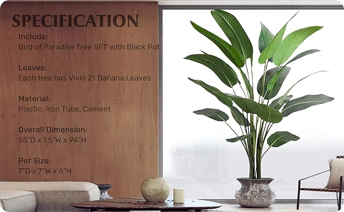 Artificial Bird of Paradise Tree 8FT with 21 Leaves Realistic Thick Banana Leaf Tall Large Faux Tropical Plant 94 Inch Black Pot for Indoor Home Office Poolside Porch Mall Hotel School Decor