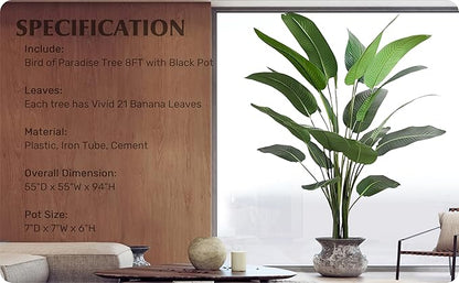 Artificial Bird of Paradise Tree 8FT with 21 Leaves Realistic Thick Banana Leaf Tall Large Faux Tropical Plant 94 Inch Black Pot for Indoor Home Office Poolside Porch Mall Hotel School Decor