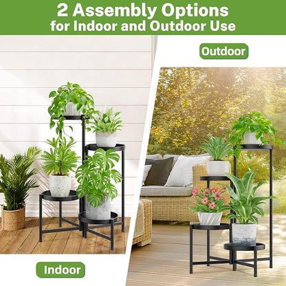 iDavosic.ly 4 Tier Large Plant Stand Indoor with 10 Inch Wide Tray, Tiered Corner Metal Outdoor Flower Display Holder Shelf, Folding Tall Rack for Patio Porch Living Room, Modern Black