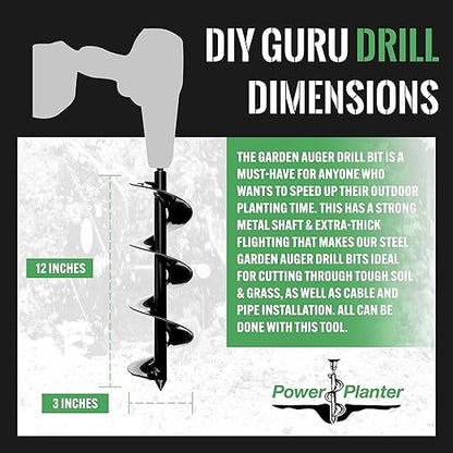 Power Planter DIY Guru Garden Auger- 3"x12" Drill Bit Hole Digger for Post Diggers, Digging Holes- Bulb Planter Tool- Auger Drill for Planting- Garden Digging Tool- 3/8" Non-Slip Hex Drive