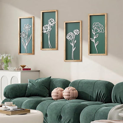 HKBS 3D Wooden Floral Wall Art, Set of 4 Framed Flowers Wall Art Sculptures, Boho Farmhouse Minimalist Decor for Bathroom Bedroom Living Room Kitchen or Office Wall Decorations Housewarming Gifts (Green)