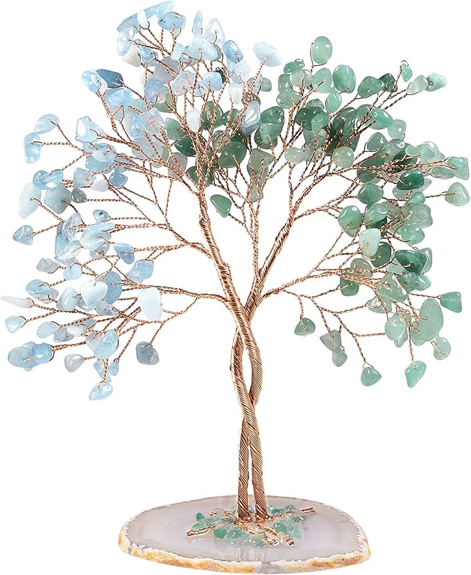 mookaitedecor Handmade Green Aventurine & Aquamarine Crystal Tree with Agate Slice Base, Bonsai Money Tree of Life for Wealth and Luck, Feng Shui Home Decor