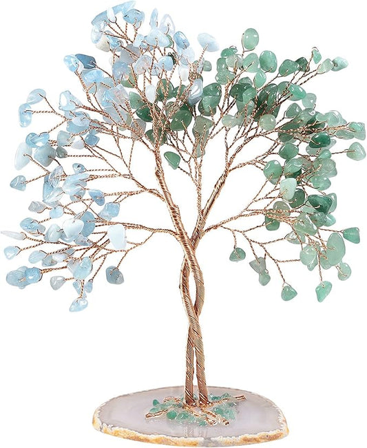 mookaitedecor Handmade Green Aventurine & Aquamarine Crystal Tree with Agate Slice Base, Bonsai Money Tree of Life for Wealth and Luck, Feng Shui Home Decor