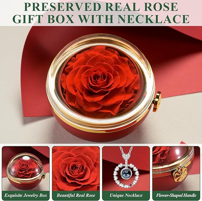 Preserved Real Red Rose with “I Love You” Necklace 100 Languages, Romantic Rose Gifts for Women, Mom, Wife, Girlfriend, Birthday, Anniversary, Mothers Day