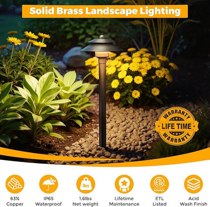 Gardencoin Solid Brass Low Voltage Landscape Pathway Lights (6'' Shade, 19'' Tall), 12V LED Heavy Duty Path Lighting Outdoor Wired, Waterproof Antique Bronze Walkway Light Without G4 Bulb,12 Pack