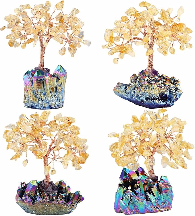 mookaitedecor Citrine Crystal Tree, Quartz Cluster Rainbow Titanium Crystals Base Bonsai Money Tree for Wealth and Luck