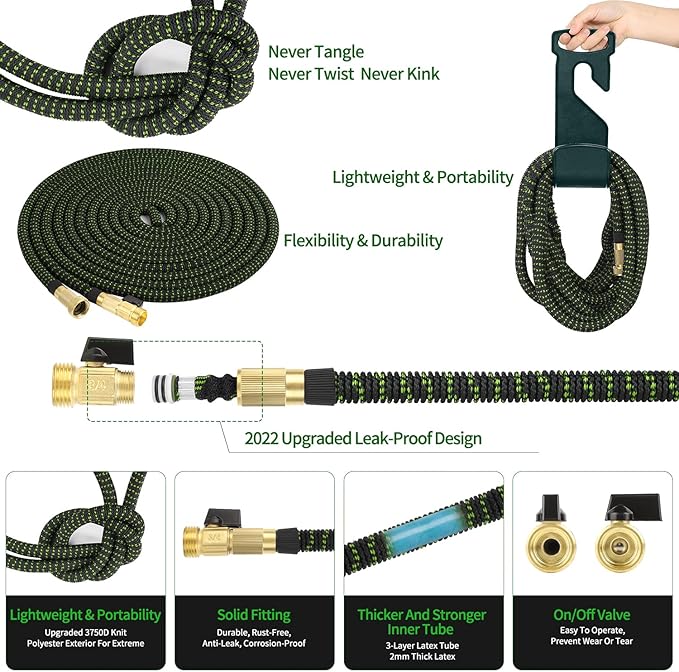 50 FT Garden Expandable Hoses - New Upgrated 2025 Flexible Water Hose - Kink-less Car Wash Pipes with Solid Brass Connector, Leakproof Lightweight Expanding Hoses for Yard,Pet