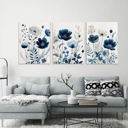 DUWQU 3 Pcs Blue Floral Canvas Wall Art, Elegant Navy Blue Wildflower Lily Daisy Wall Decor, Watercolor Botanical Flower Home Poster Art Prints for Living Room Bedroom Bathroom 12×16 Inches