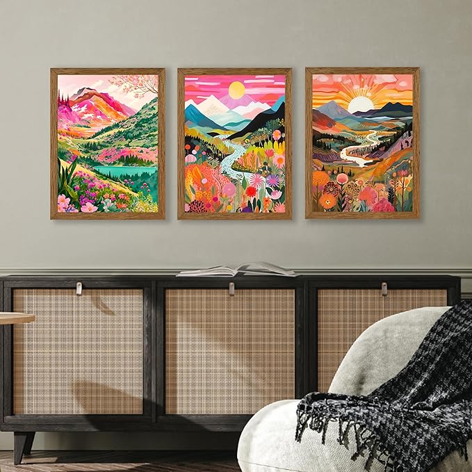 DUWQU 3 Piece Colorful Watercolor Mountain Canvas Wall Art Boho Floral Painting Picture Wall Decor Abstract Nature Landscape Poster Print Artwork for Living Room Bedroom Office 12x16 Inch Wood Frames