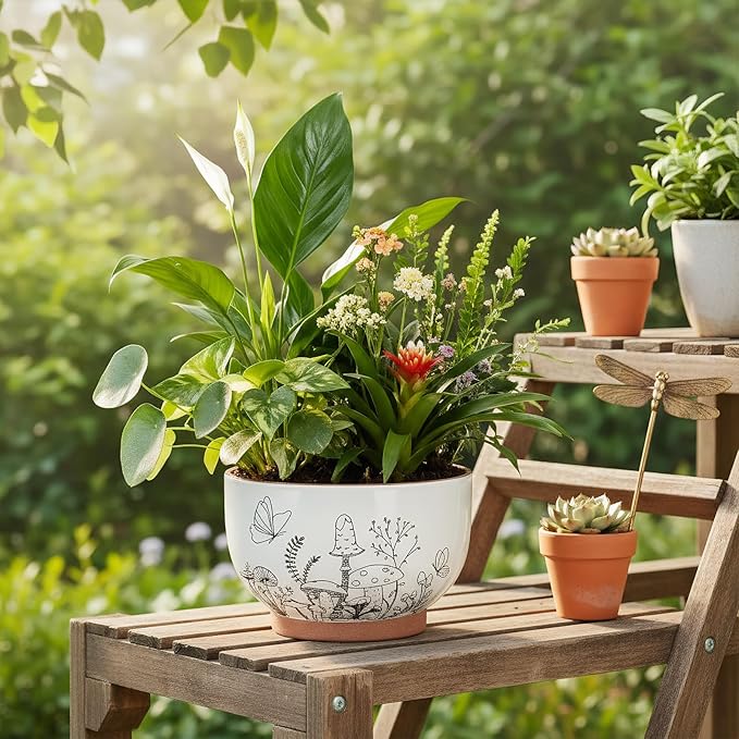 YBX 8 Inch & 6 Inch Terracotta Pots, Plant Pots, Flower Pots for Indoor Plants with Drainage, Planters with Mushroom Accent for Indoor Plants (Cottage)