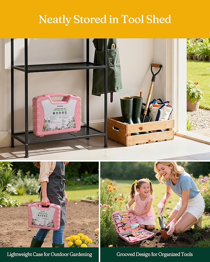 12-Piece Womens Gardening Tools Gift Set, Rust-Proof & Heavy-Duty Garden Tools with Durable Carrying Case, Fashionable & Thoughtful Gardening Gifts for Women&Men (Pink-Silver)