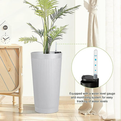 24" Tall Self Watering Planters for Indoor Plants, 2 Pack Large Plastic Outdoor Planter Pots with Built-In Water Reservoir and Level Indicator, Decorative Modern Flower Pots for Home & Patio (White)