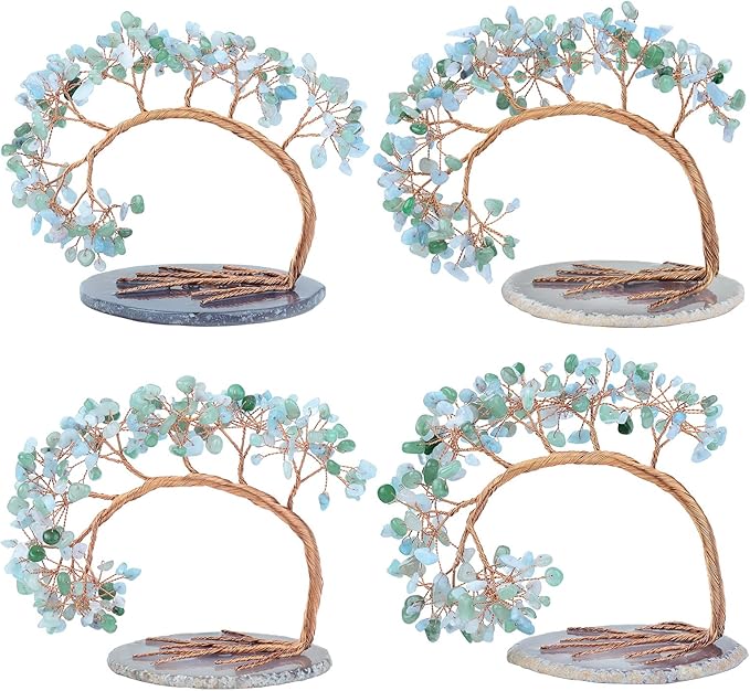 mookaitedecor Green Aventurine & Aquamarine Crystal Money Tree Agate Slice Base Feng Shui Bonsai Crystal Tree for Wealth Luck Desk Decor, 4.5-5.2 Inch High