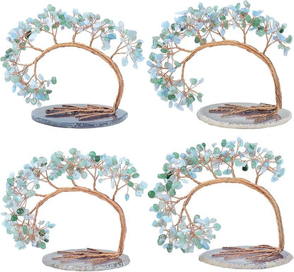 mookaitedecor Green Aventurine & Aquamarine Crystal Money Tree Agate Slice Base Feng Shui Bonsai Crystal Tree for Wealth Luck Desk Decor, 4.5-5.2 Inch High