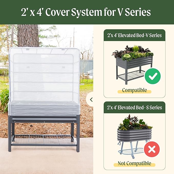Vego garden Mesh Cover System for 2' x 4' Elevated Raised Garden Bed-V Series, 4 in 1 Trellis and Cover for Plants, Garden Bed Not Included