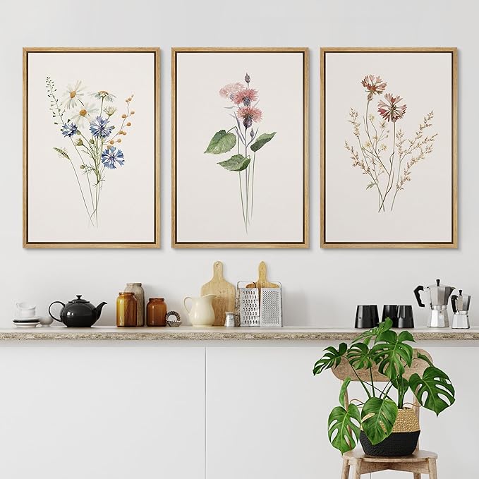 Ashbrook Framed Canvas Print Wall Art Set Pastel Flower Variety Nature Wilderness Illustrations Modern Art Decorative Floral Botanical Minimal Calm/Relax/Cozy for Bedroom - 16"x24"x3 Natural