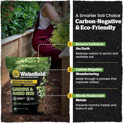 Wakefield Biochar Blend with CarbonBoost™ Technology – Enhanced Water & Nutrient Retention for Raised Bed Garden Soil - Ultimate Organic Potting Soil Mix for Vegetables, Gardens and Houseplants - 2qt
