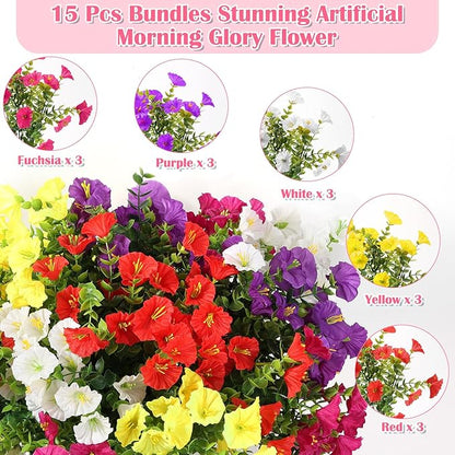 15 Bundles Artificial Summer Flowers for Outdoor, Fake Silk Morning Glory for Outside UV Resistant, Realistic Faux Plants for Planters(Not Include Flower Pot)