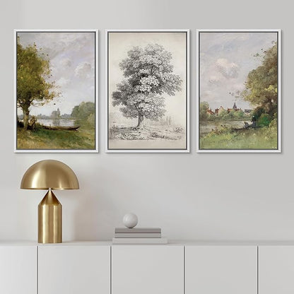 Ashbrook Framed Canvas Print Wall Art Set Forest Tree Field Nature Wilderness Illustration Fine Art Decorative Floral Botanical Garden Vintage for Living Room, Bedroom, Office - 16"x24"x3 White