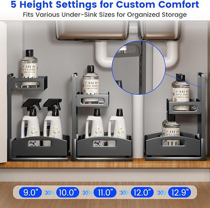 Under Sink Organizer,2 Pack Height Adjustable Under Sink Organizers and Storage, 2 Tier Under Sink Storage for Kitchen Bathroom Cabinet
