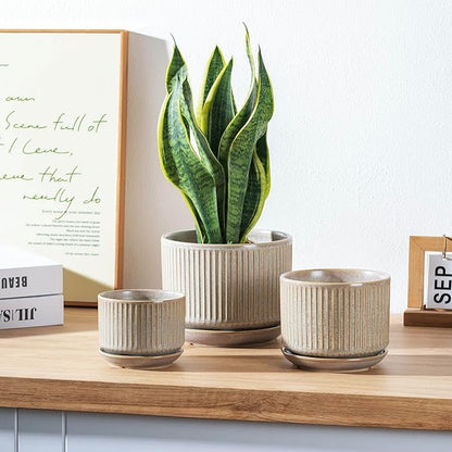 Speckle Gray Ceramic Plant Pots Set of 3, 4.3+5.5+6.7 Inch Indoor Flower Pot with Drainage Hole & Saucer & Hole Pads, Striped Decorative Planter Set for Indoor Plants, Gardening Pots & Accessories