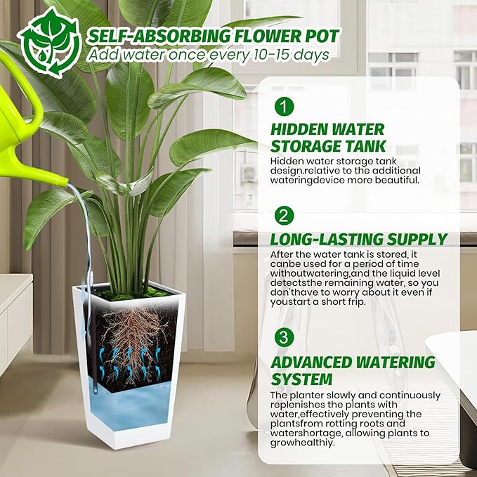 GarveeLife 16 in Tall Planters Set of 2, Outdoor＆Indoor Black Planter Pots, High Front Porch Planter Pots with Drainage Holes＆Water Level Monitor＆Inner Bucket, Automatic Watering,White