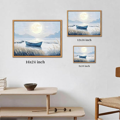 Floating Framed Coastal Bathroom Wall Art, Blue Beach Nautical Ocean Nature Canvas Picture, Blue Boat Moon Lake Mountain Sea Poster Print Painting, for Modern Home Bedroom Wall Decor 12x16 inch