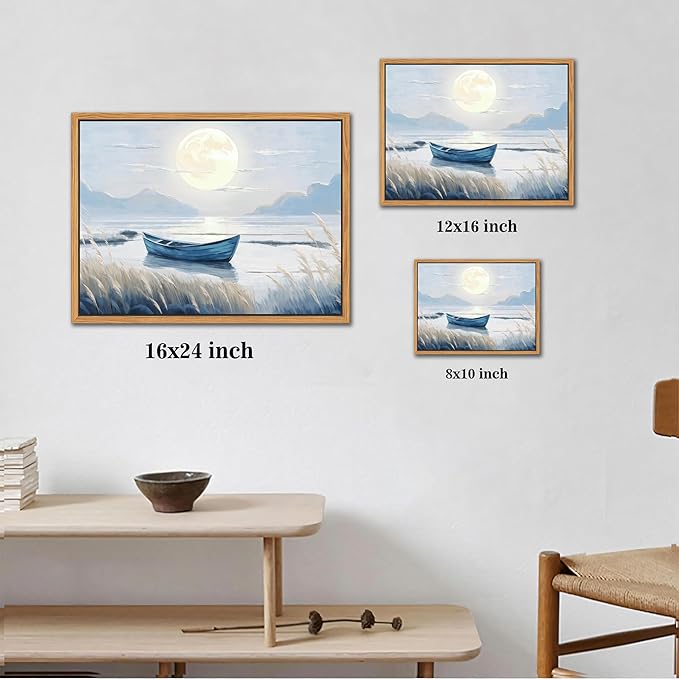 Floating Framed Coastal Bathroom Wall Art, Blue Beach Nautical Ocean Nature Canvas Picture, Blue Boat Moon Lake Mountain Sea Poster Print Painting, for Modern Home Bedroom Wall Decor 8x10 inch