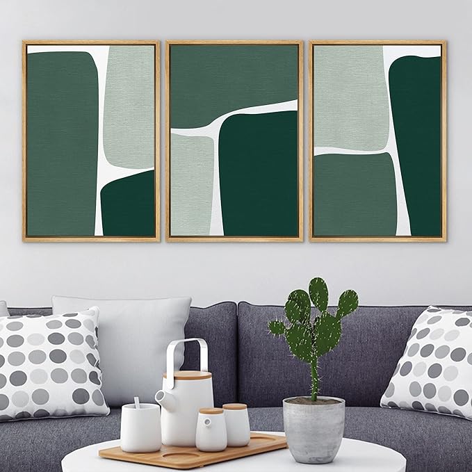 Ashbrook Framed Wall Art Print Set Geometric Green Color Block Collage Abstract Shapes Illustrations Modern Art Boho Scenic Colorful for Living Room, Bedroom, Office - 24"x36"x3 Natural