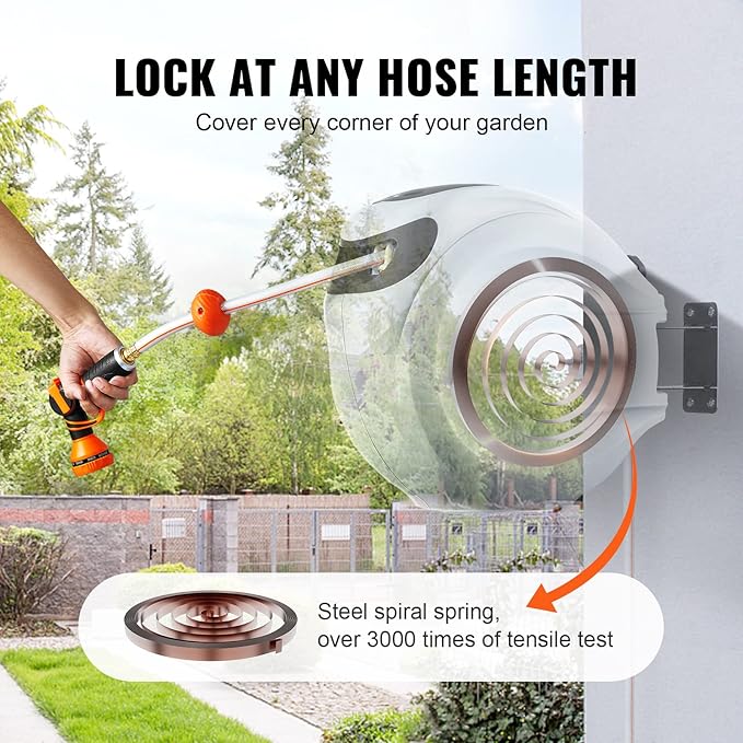 VEVOR Retractable Hose Reel, 115 ft x 1/2 inch, Garden Water Hose Reel with 9-Pattern Nozzle, 180° Swivel Bracket Wall-Mounted, Automatic Rewind, Lock at Any Length, with Slow Return System