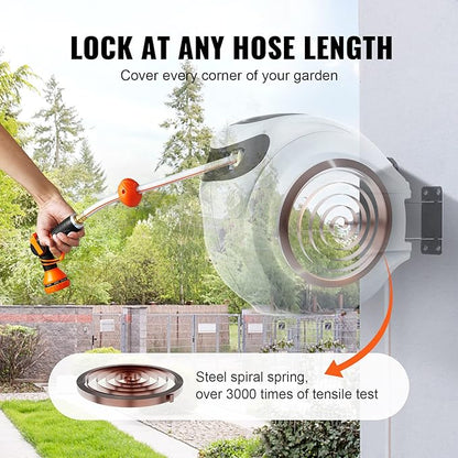 VEVOR Retractable Hose Reel, 115 ft x 1/2 inch, Garden Water Hose Reel with 9-Pattern Nozzle, 180° Swivel Bracket Wall-Mounted, Automatic Rewind, Lock at Any Length, with Slow Return System