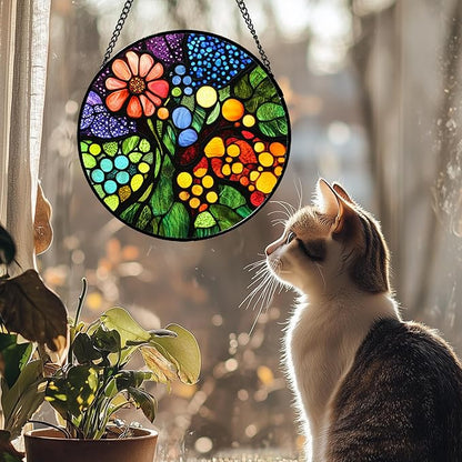 Stained Glass Window Hanging Red Flowers Green Blue Orange Dots 7.8" - Suncatcher Door Garden Sun Catcher Home Decor Birthday Christmas for Mom Men Woman Nana