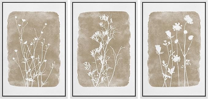 Ashbrook Framed Canvas Print Wall Art Set Vintage Country Farmhouse Flower Silhouette Nature Wilderness Illustrations Floral Botanical Minimal Calm/Relax/Cozy for Bedroom - 16"x24"x3 WHITE