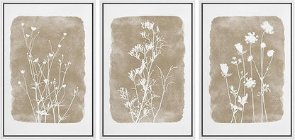 Ashbrook Framed Canvas Print Wall Art Set Vintage Country Farmhouse Flower Silhouette Nature Wilderness Illustrations Floral Botanical Minimal Calm/Relax/Cozy for Bedroom - 16"x24"x3 WHITE
