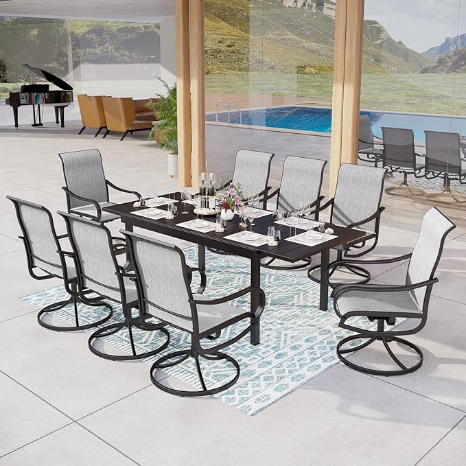 MFSTUDIO Patio Table and Chairs Set for 8, Patio Dining Set with Expandable Table and Swivel Chairs, 9 Piece Outdoor Dining Set for Deck/Backyard/Poolside/Garden