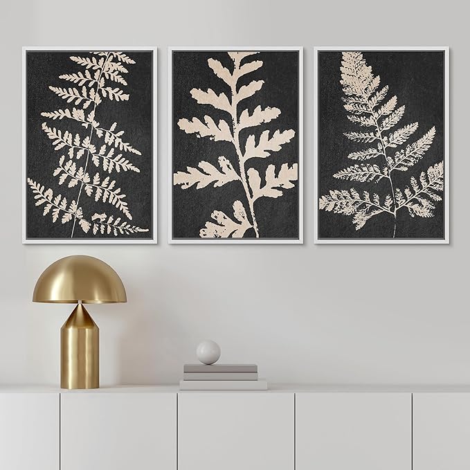 Ashbrook Framed Canvas Print Wall Art Set Black Forest Fern Plant Silhouette Nature Wilderness Illustrations Modern Art Rustic Chic Colorful for Living Room, Bedroom, Office - 24"x36"x3 White