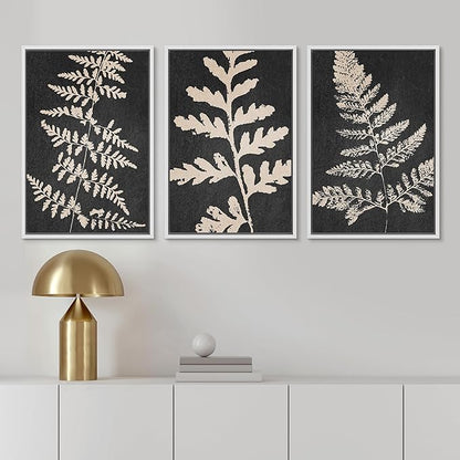 Ashbrook Framed Canvas Print Wall Art Set Black Forest Fern Plant Silhouette Nature Wilderness Illustrations Modern Art Rustic Chic Colorful for Living Room, Bedroom, Office - 16"x24"x3 White